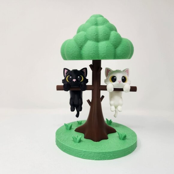 Cute Cat Tree Display With Black & White Cats Hanging On Branches 8.75" (p) - Picture 1 of 8